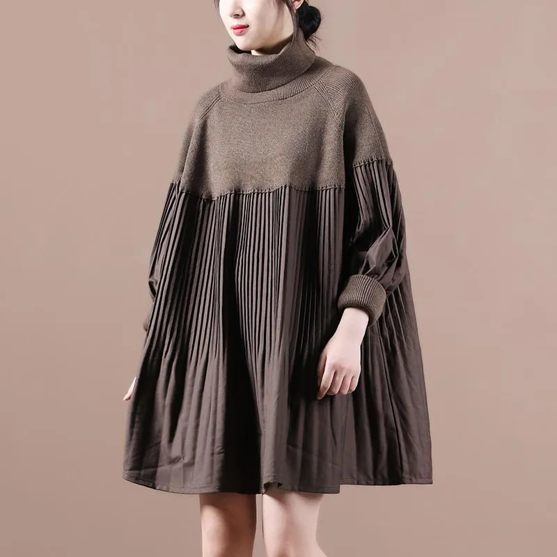 PlushLining TonalStitching Loose Pleated Stitching Knitted Turtleneck Sweater