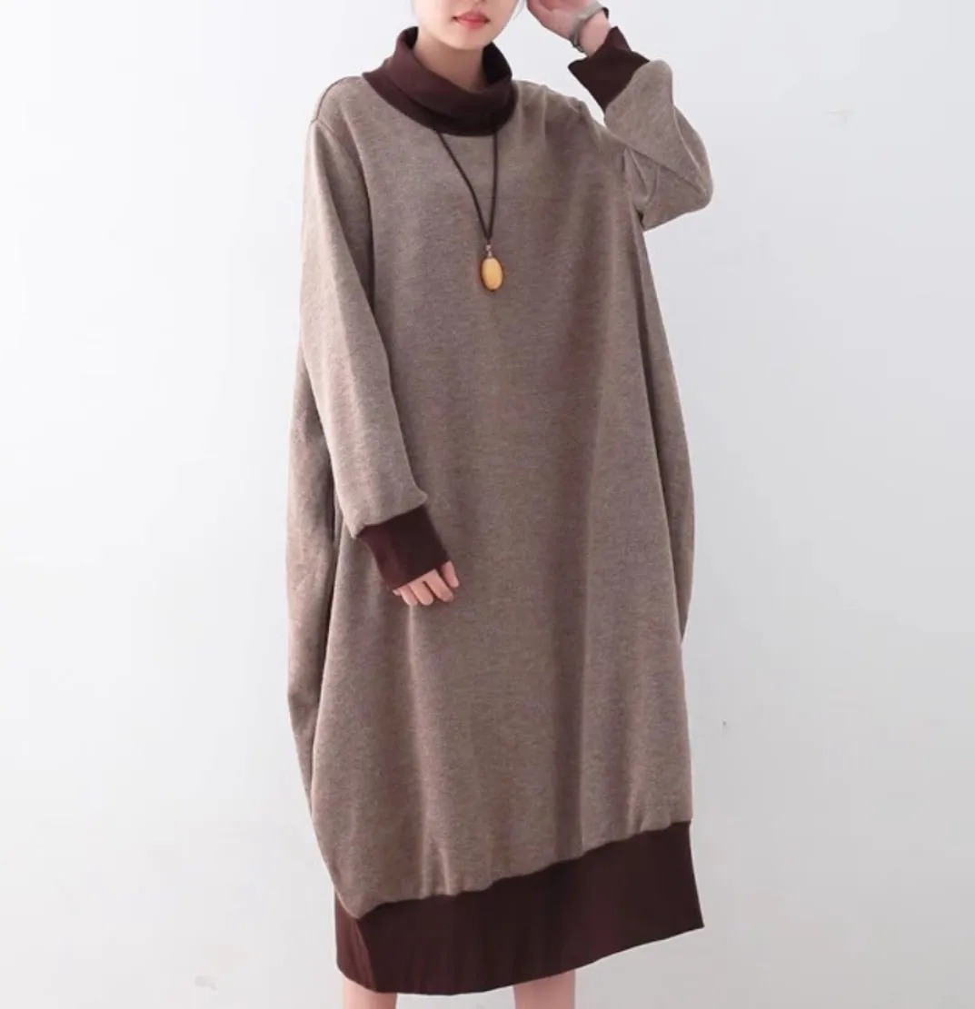 Skirt Flare Loose Thickened Warm Turtleneck Color Block Dresses
