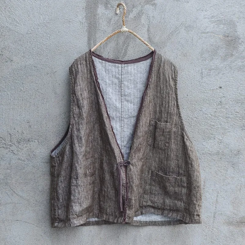 Women Autumn Retro Loose Linen Vest Laser Cut Vents