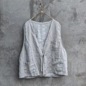 Women Autumn Retro Loose Linen Vest Convertible Style