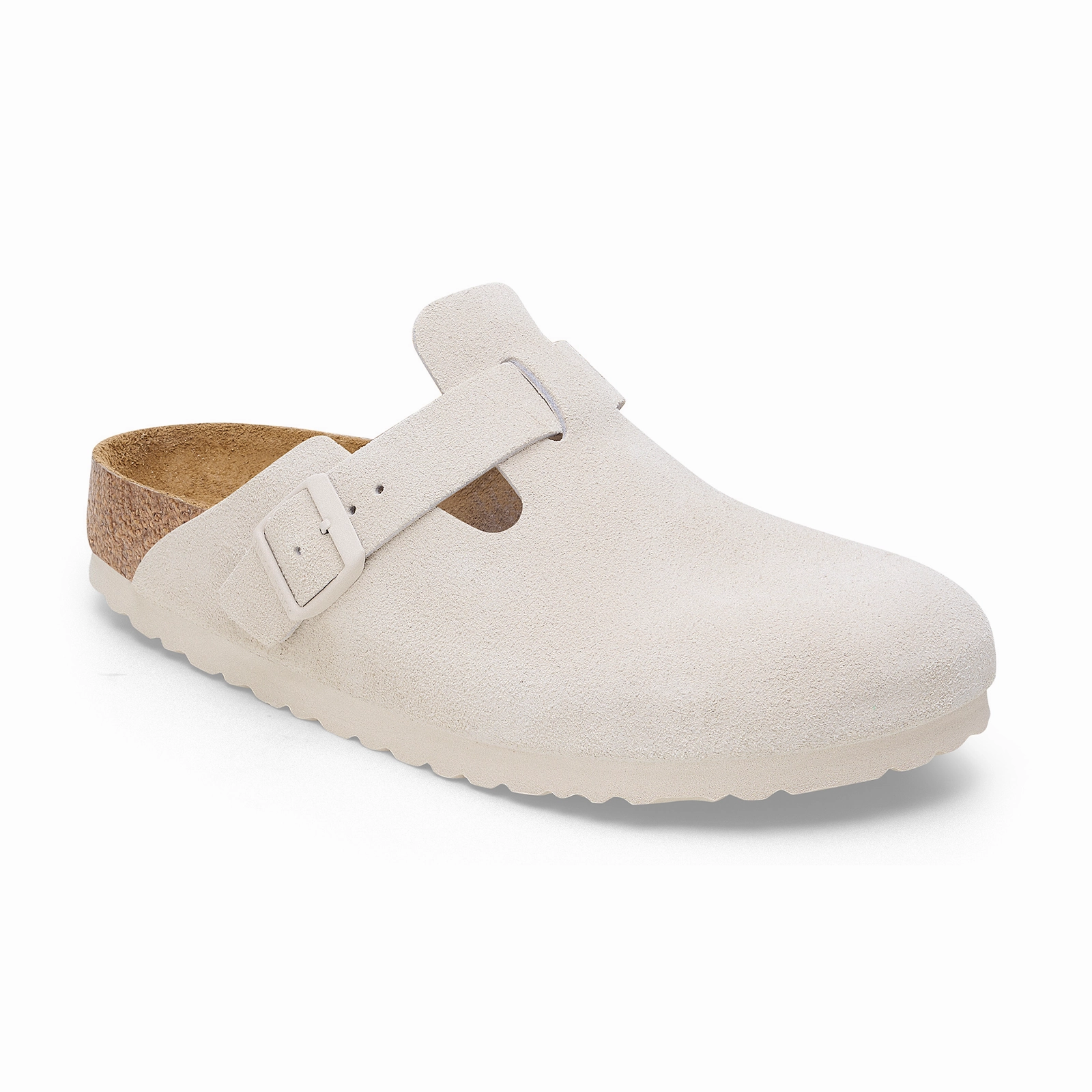Walking Book Spot Birkenstock Boston Soft Footbed Narrow Clog (Women) - Antique White Suede