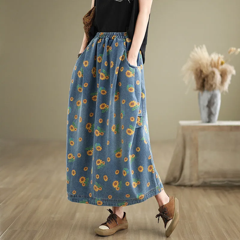 Convertible Length Babakud Women Autumn Loose Artistic Printed Denim Skirt