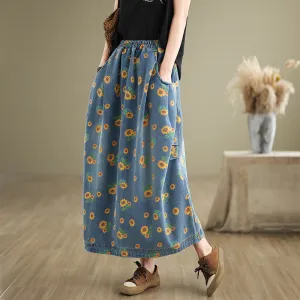 Summer Outfit Babakud Women Autumn Loose Artistic Printed Denim Skirt