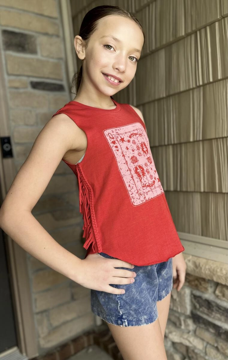 Fancy Western Queen Playing Card Fringe Graphic Tank