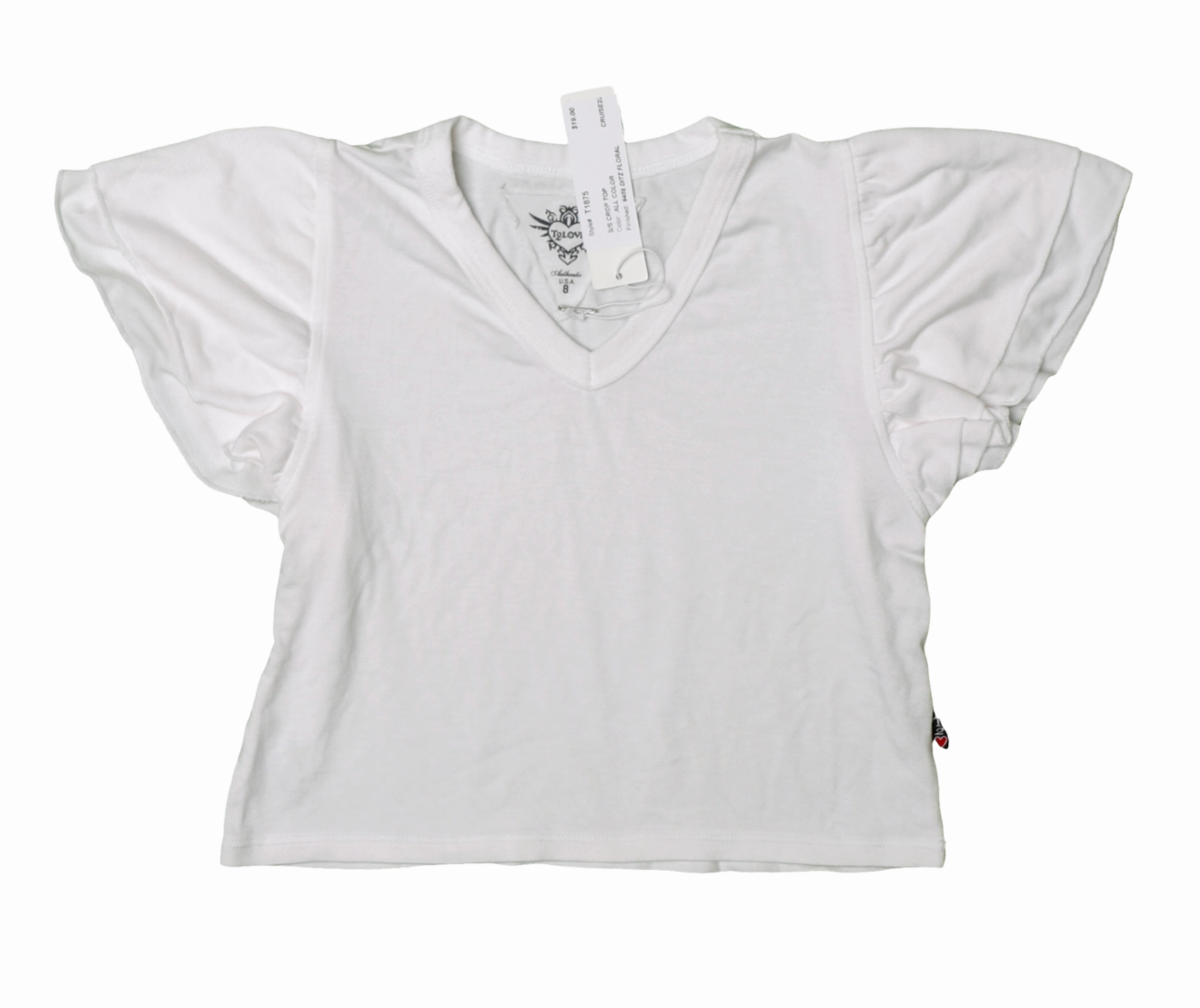 Children's fashion Ruffle Sleeve V Neck Top - White