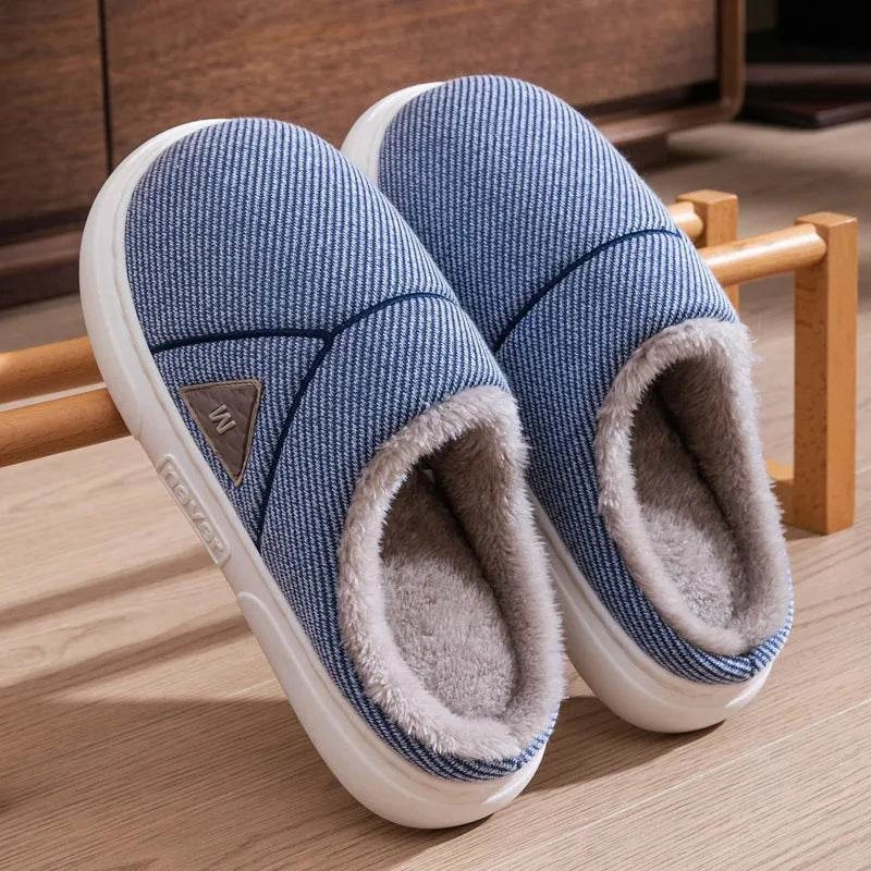 Solid Striped Home Slippers Winter Warm Fleece Shoes Men Indoor Bedroom Floor Plush Slippers For Women Couple Snow Fashion Snow Safety Boots