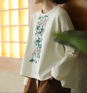 Coffee Run Ladies Printed Casual Loose Round Neck Cotton Sweatshirt