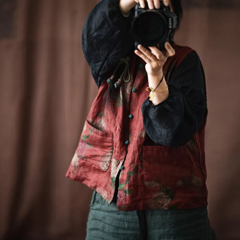 Women Retro Floral Linen Single-Breasted Vest Stretch Material