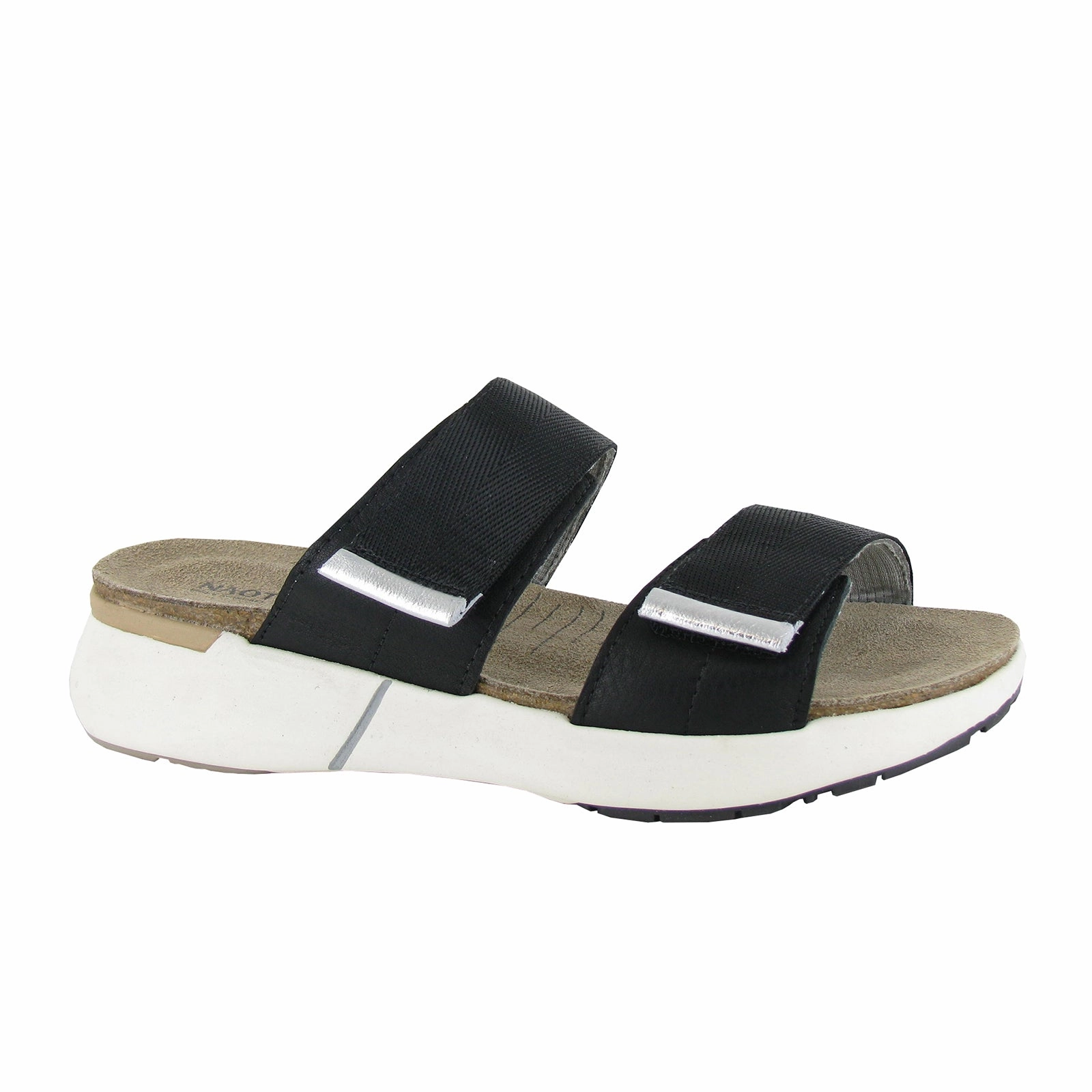 Naot Calliope Slide Sandal (Women) - Soft Black/Soft Silver/Black Woven Reinforced Sides