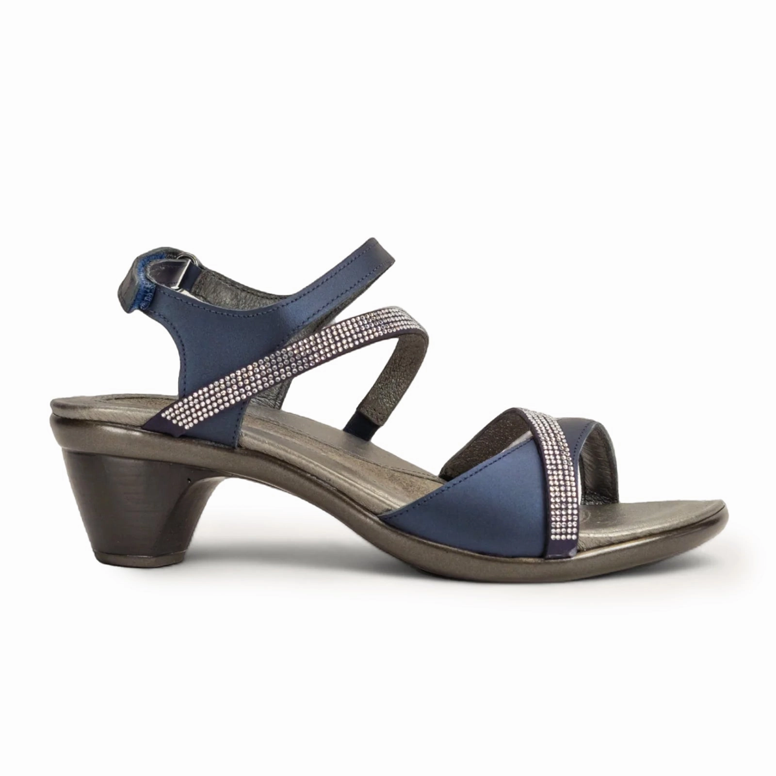 Beach Ready Footwear Slide Comfort Naot Innovate Heeled Sandal (Women) - Polar Sea Leather/Navy/Clear Rhinestones