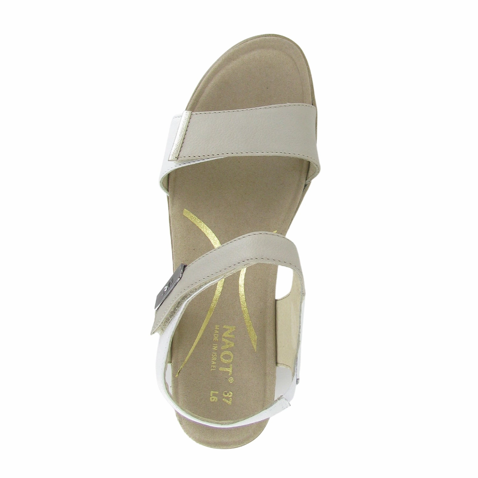 Reinforced Stitching Comfort Mode Naot Intact Heeled Sandal (Women) - Soft Ivory Leather/Soft White Leather/Radiant Gold Leather