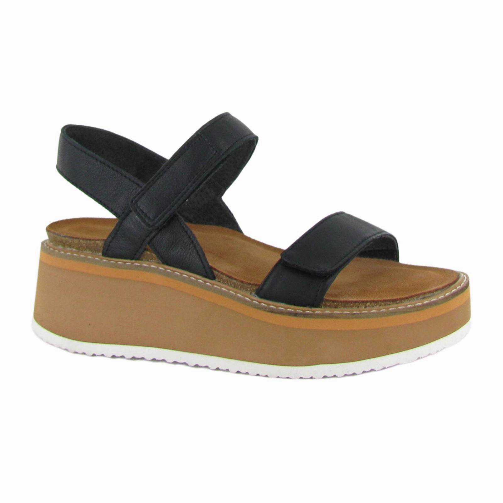 Naot Meringue Wedge Sandal (Woman) - Soft Black Leather with Camel Sole Good Grip Practical Solution