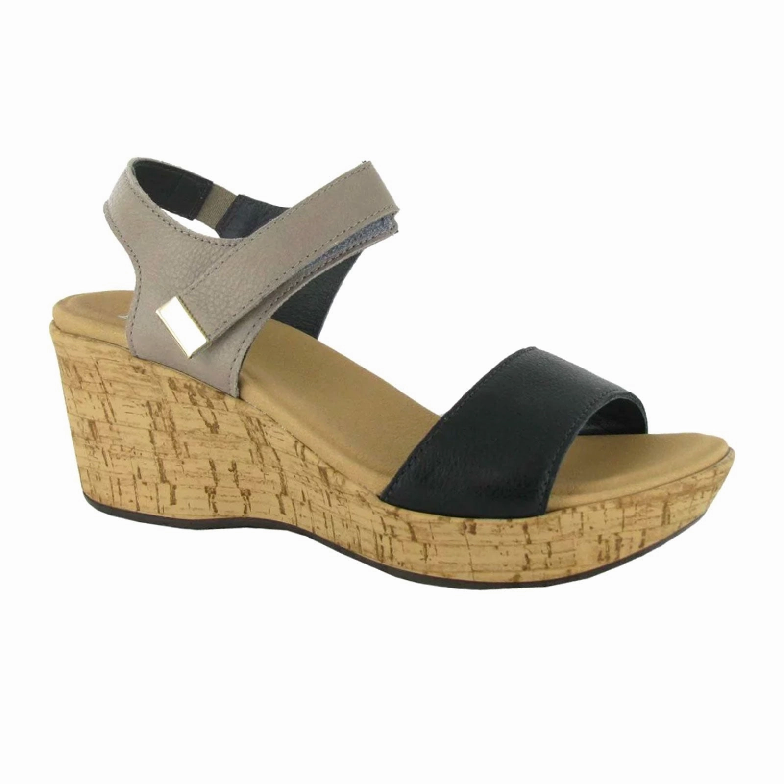 Smooth inner lining Naot Summer Wedge Sandal (Women) - Soft Black/Soft Stone