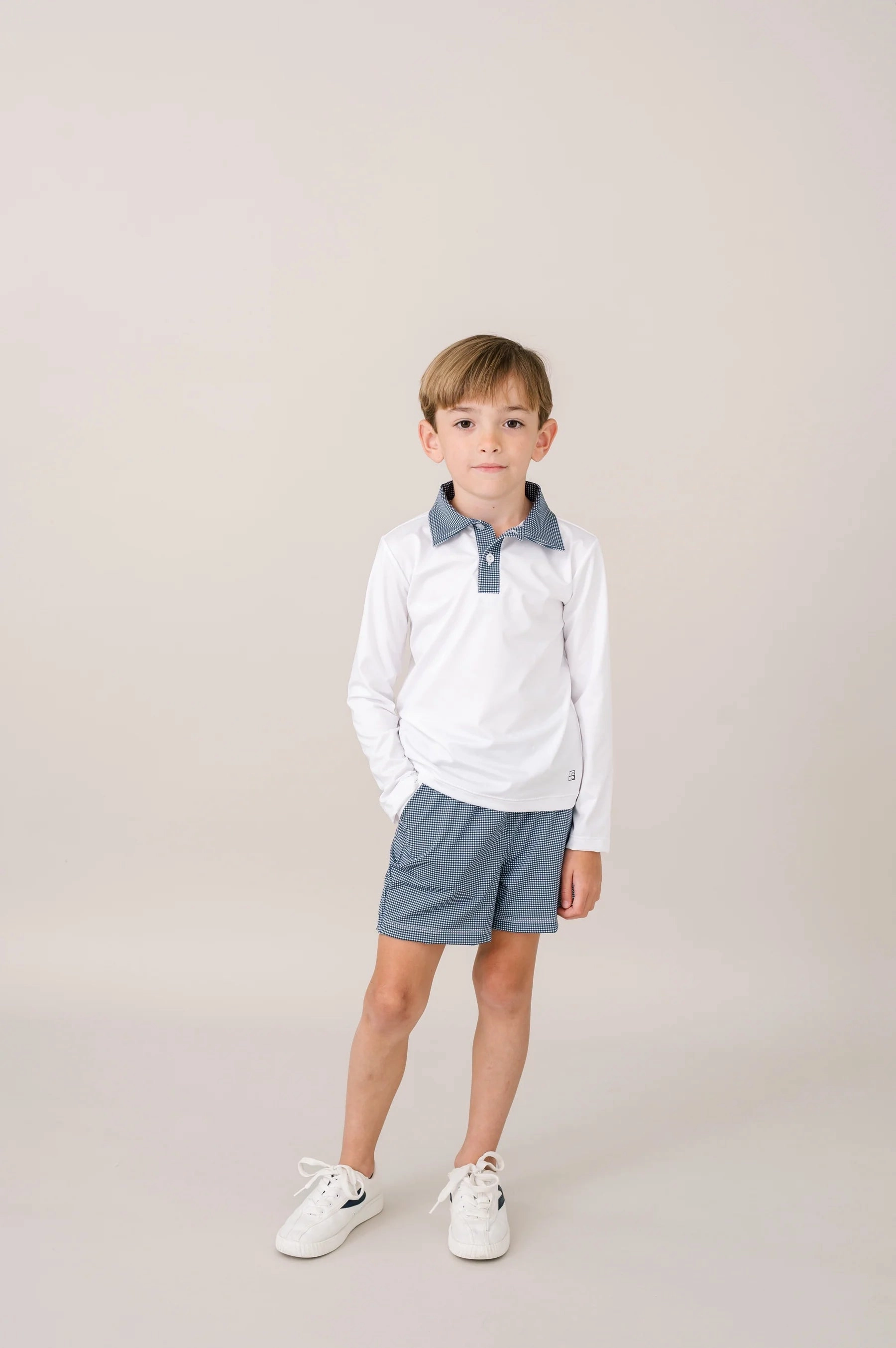 Playtime clothing Gradient colored children's wear Nathan Short, Nantucket Navy Minigingham, Pure Coconut