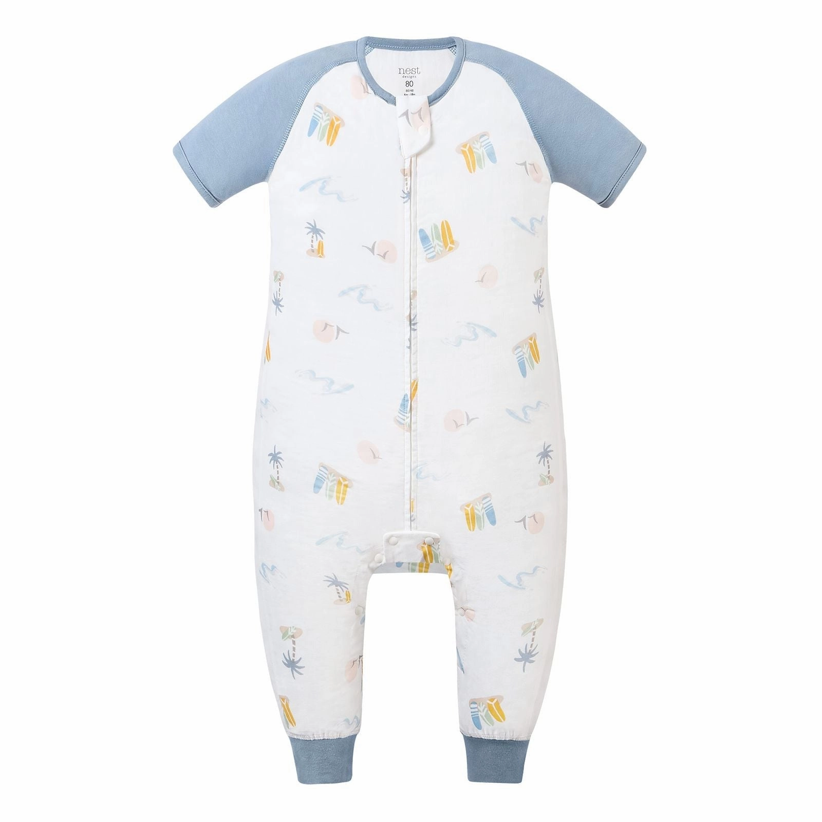 Nest Designs Kids/Baby 0.6 TOG Raglan Short Sleeve Footed Sleep Suit (Bamboo Pima) - Pastel Waves Pajamas for children Party clothes for children