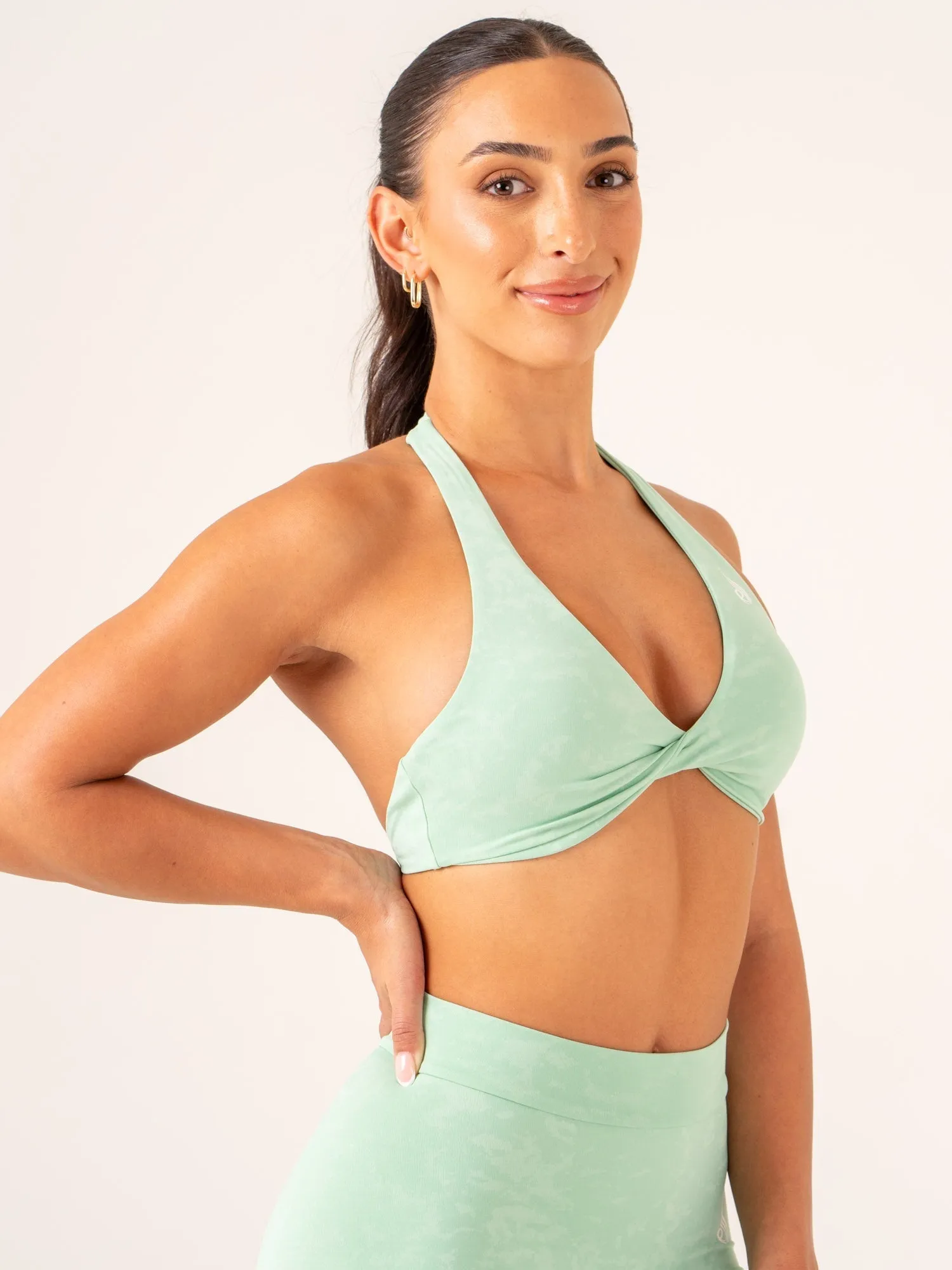 cyclists Mock neck seams NKD Stonewash Halter Sports Bra - Mint Stonewash