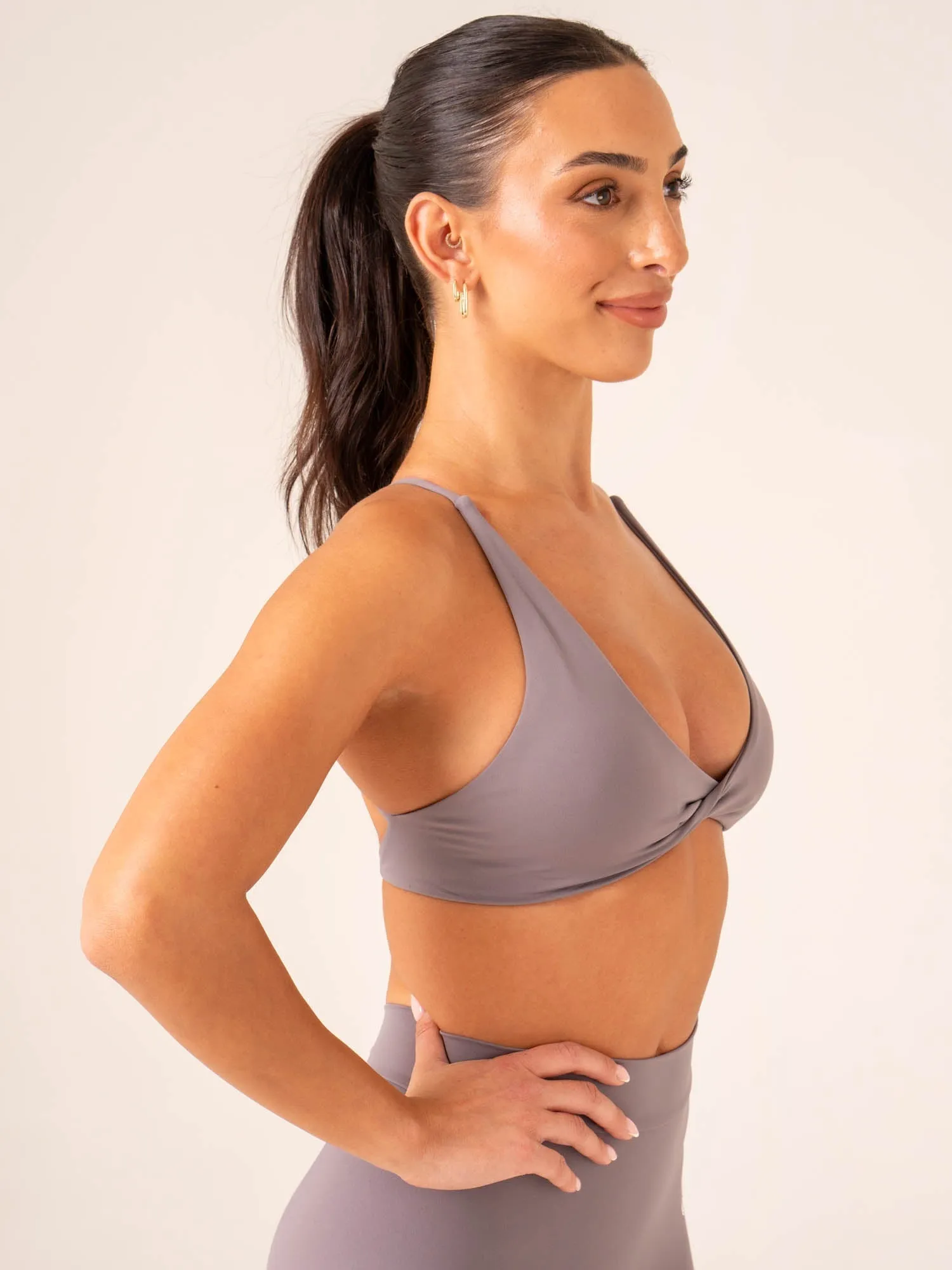 Ribbed cuffs seams Drawstring closure seams NKD Twist Sports Bra - Charcoal