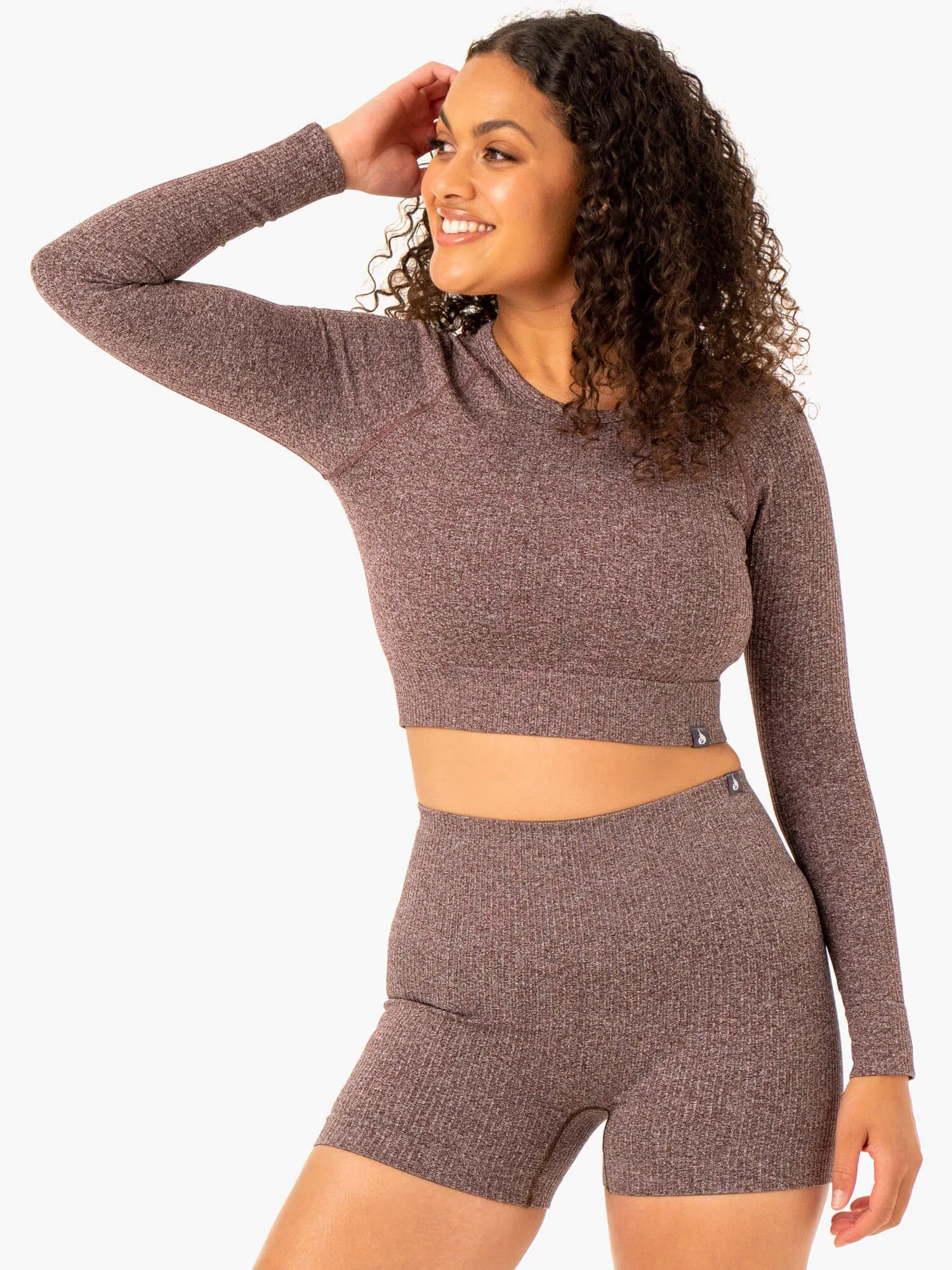 Rib Seamless Long Sleeve Top - Chocolate Marl ConvertibleCollarSystem