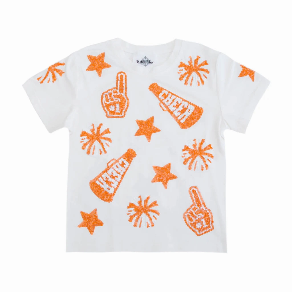 odor - resistant Rayon made kids' clothes Orange And White Sequin Cheer Shirt