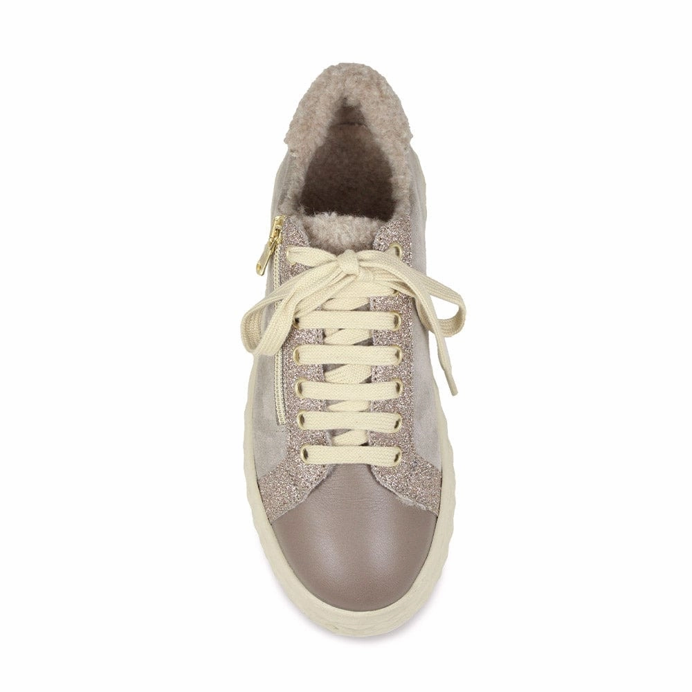 Petra Fur: Taupe Leather & Suede Comfort Heel