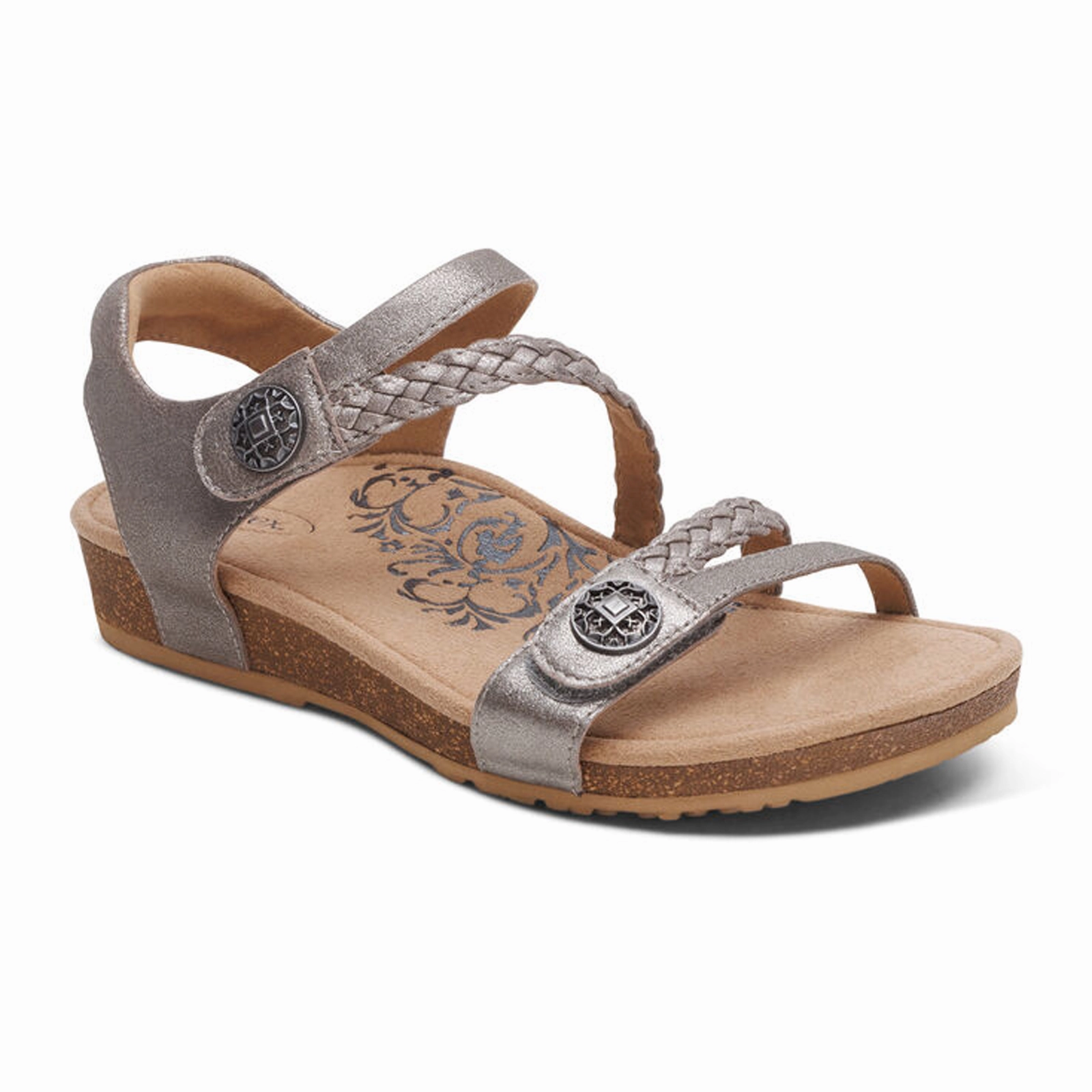 Aetrex Jillian Braided Backstrap Sandal (Women) - Brushed Silver Sleek And Comfy
