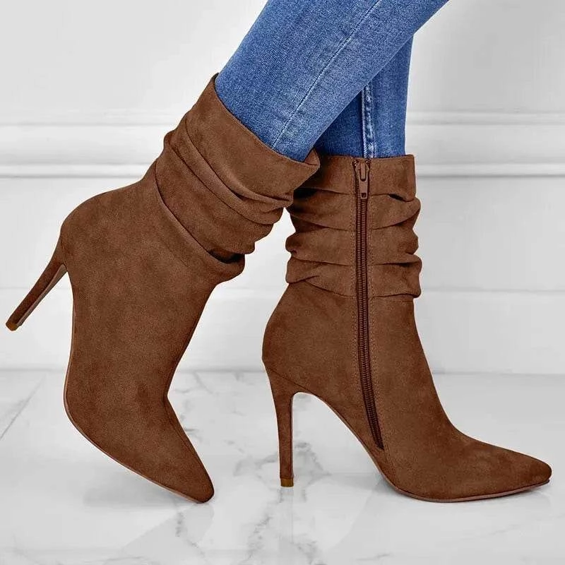 Winter Trek Pointed Toe Stiletto Heel Ankle Boots For Women Side Zipper Shoes