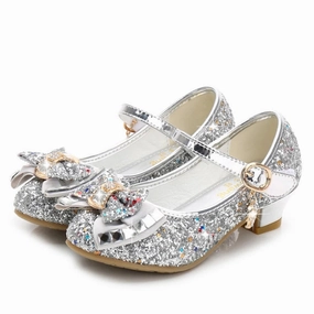 Princess Kids Leather Shoes for Girls Flower Casual Glitter Children High Heel Girls Shoes Butterfly Knot Blue Pink Silver comfortable - fit Static Dissipative Sole