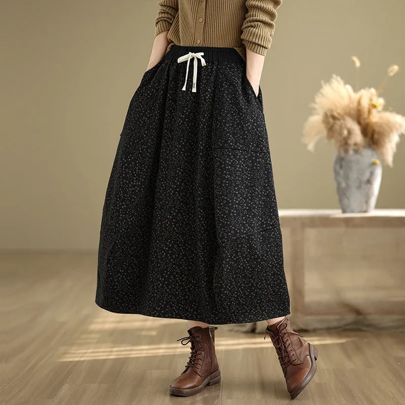 Polka Dot Babakud Women Winter Vintage Printed Floral Fleece-Lined Casual Skirt