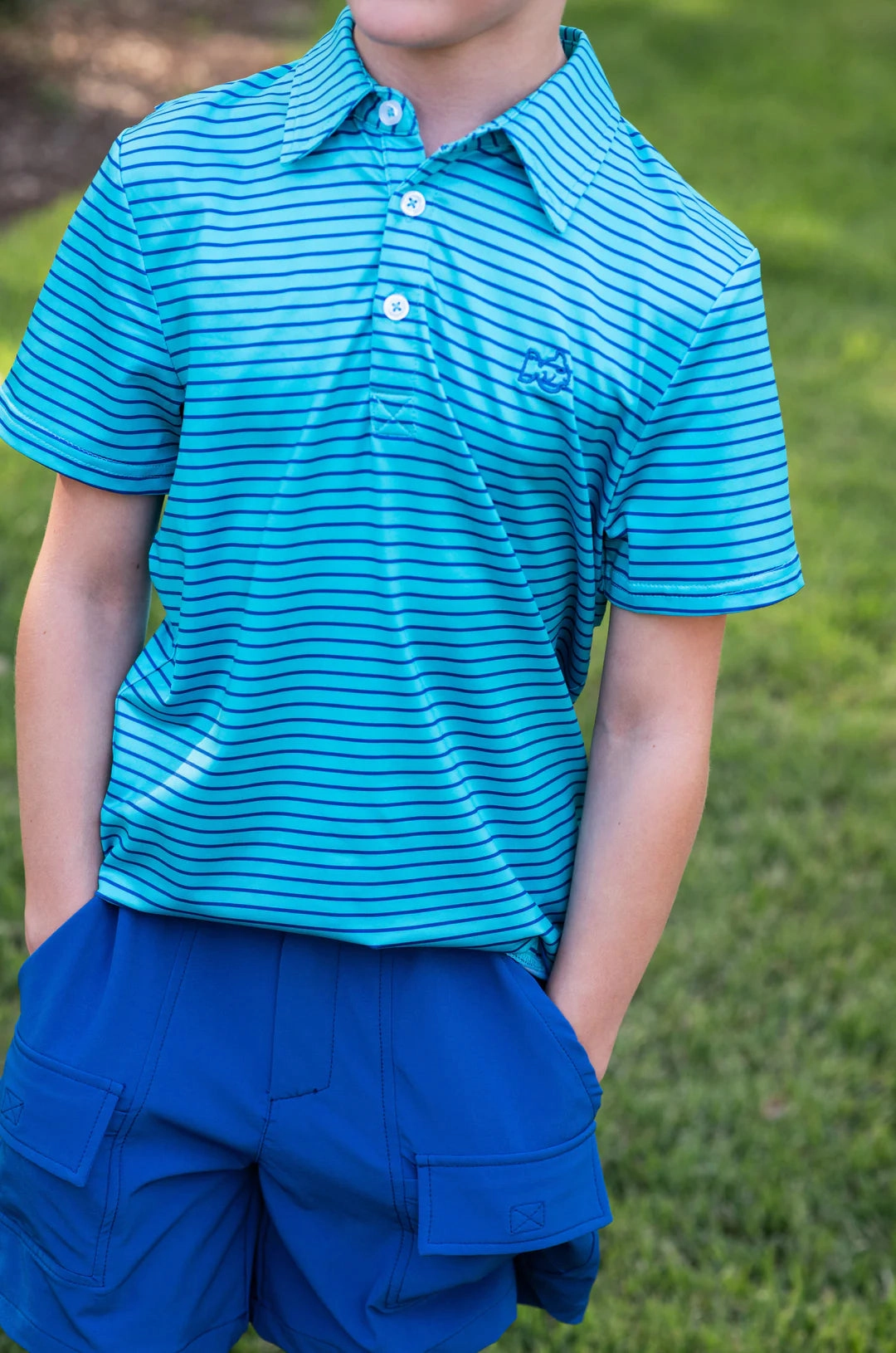 Water resistant kids' apparel Exquisite Pro Performance Polo - Scuba Blue Stripe