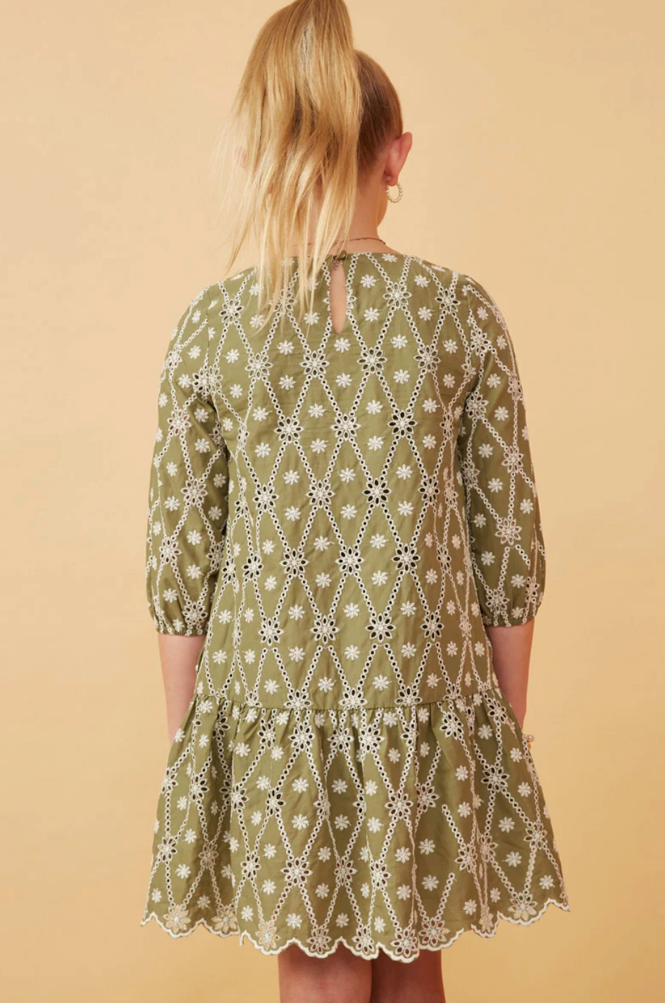 Girls Eyelet And Crochet Patterned Scallop Dress- Sage Angelic Ballerina outfits for children