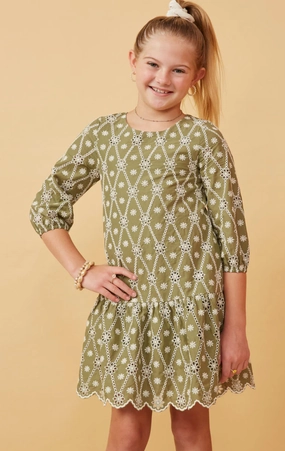 Girls Eyelet And Crochet Patterned Scallop Dress- Sage Beaded kids' apparel