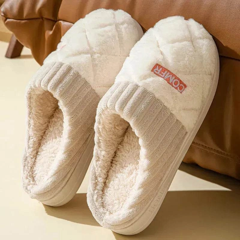 Snow Rugged Adventure Snow Exploration Solid Rhombic Letter Home Slippers Winter Warm Non-slip Floor Bedroom Plush Slipper For Couple House Shoes Women Men