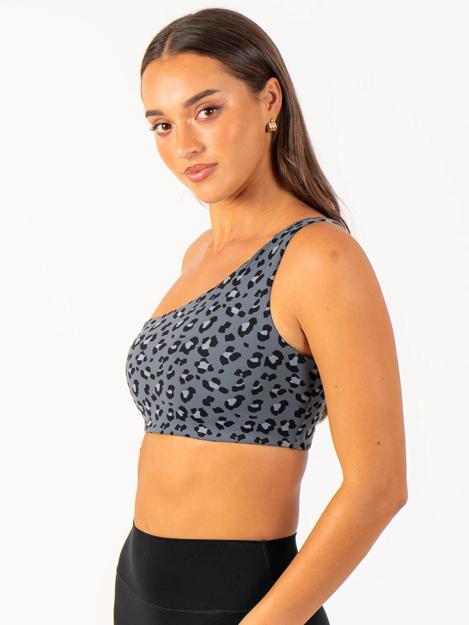 Non Restrictive Movement Quick Dry Technology Adapt One Shoulder Sports Bra - Steel Blue Leopard