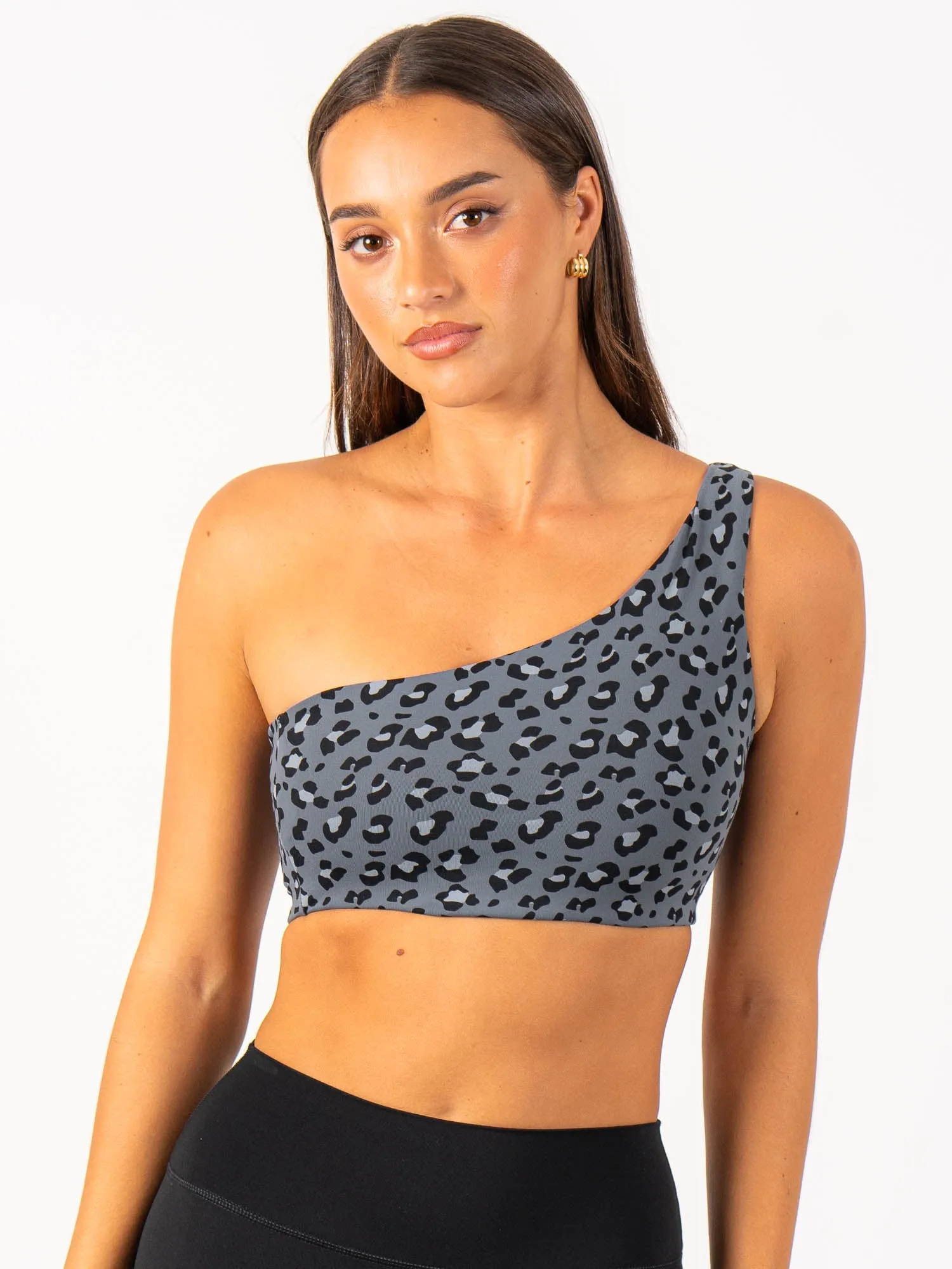 Adapt One Shoulder Sports Bra - Steel Blue Leopard Breathable mesh panel windproof