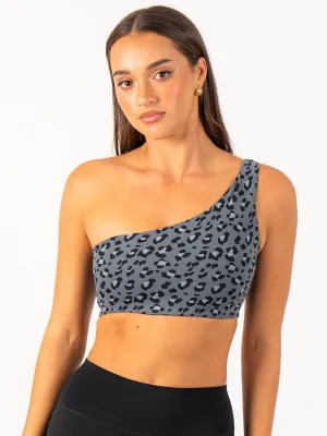 Adapt One Shoulder Sports Bra - Steel Blue Leopard Breathable mesh panel windproof