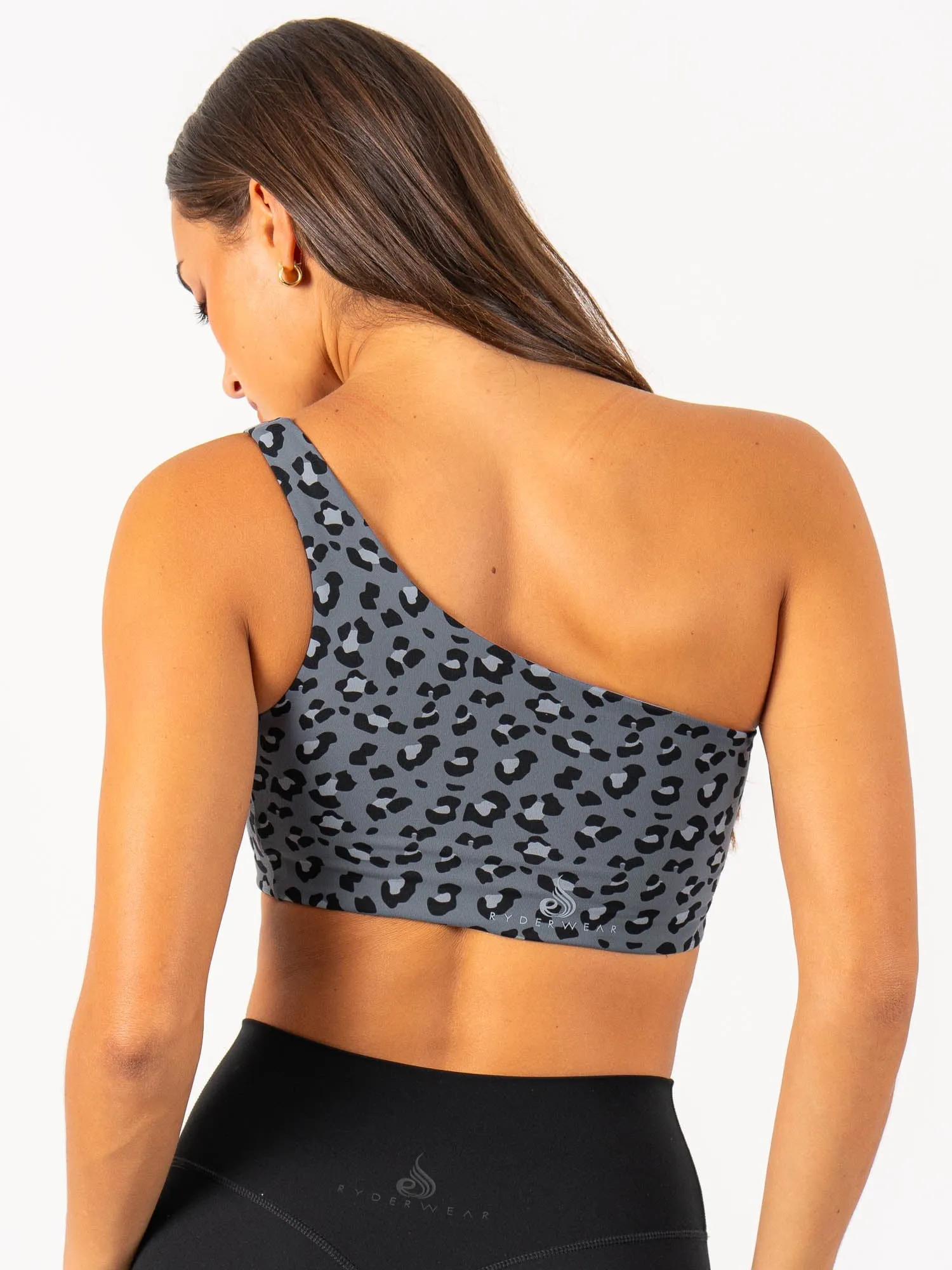 Adapt One Shoulder Sports Bra - Steel Blue Leopard Odor Resistant Material Workout