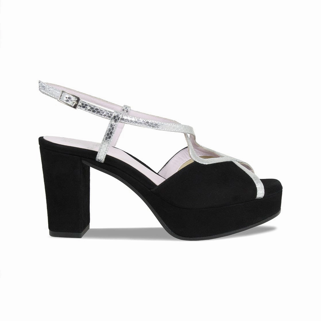 Reinforced Heel Support Rachel: Black Suede & Silver Snake Print Leather