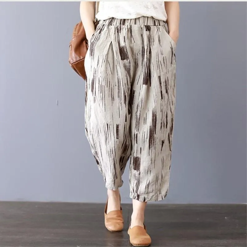 Fashionable Cut Chic Design Wear Casual Cotton Linen Striped Wide Leg Harem Pants