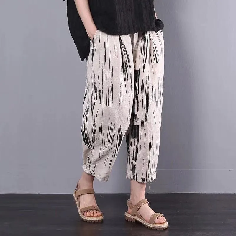 Casual Cotton Linen Striped Wide Leg Harem Pants Double Layered Hem Rest Easy