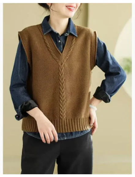 Women Spring Casual V- Neck Knitted Vest RFID Blocking Tech Stage