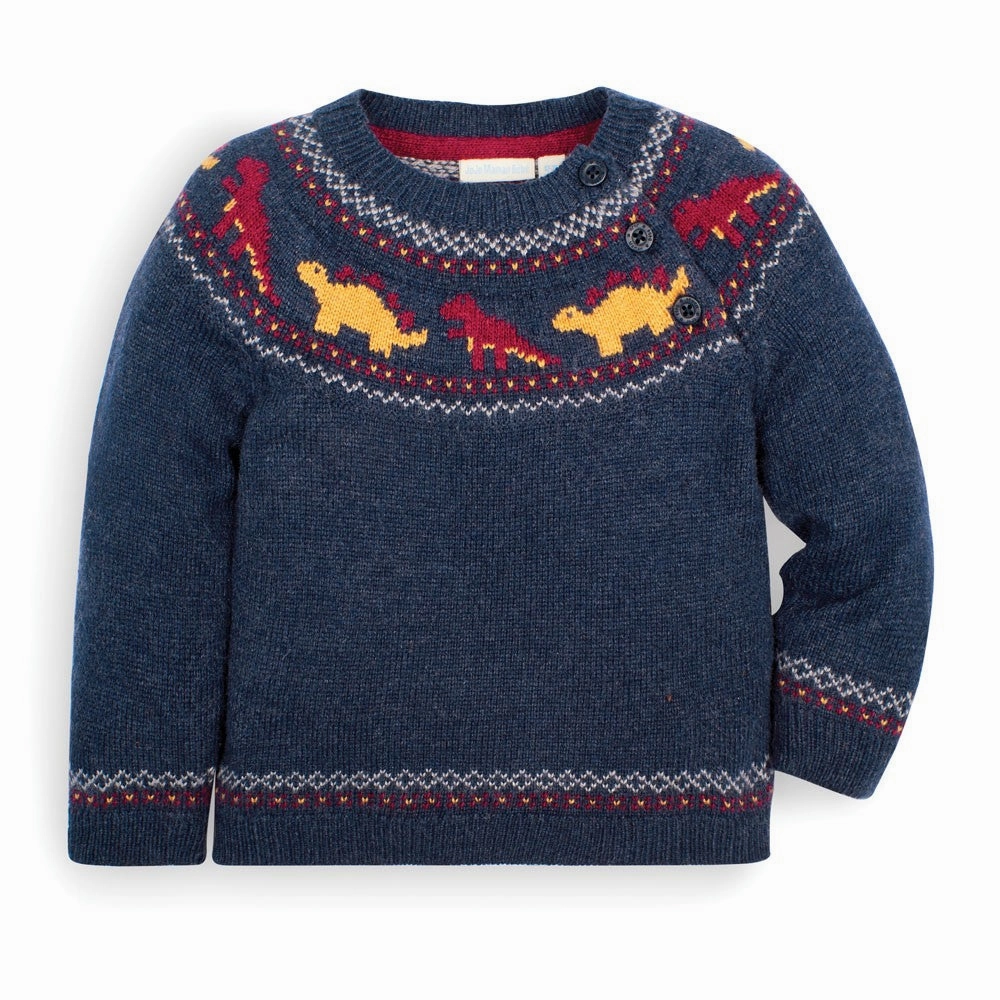 Jojo Maman Bebe Kids Navy Dinosaur Fair Isle Sweaters Extra - small Little boy