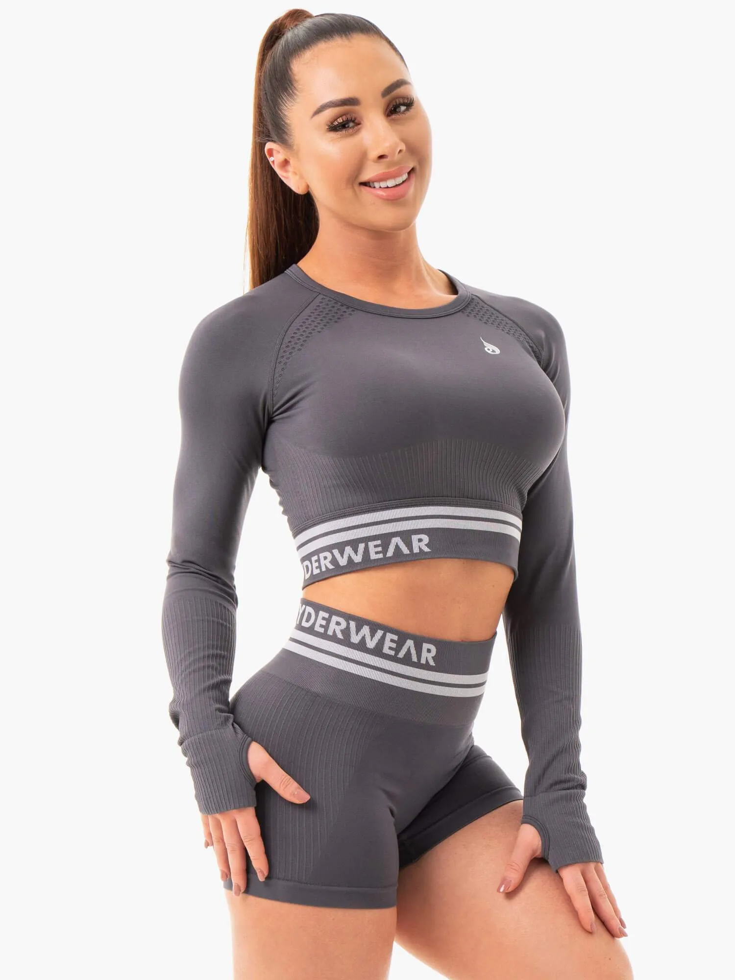 Freestyle Seamless Long Sleeve Crop - Charcoal Adjustable Shoulder Straps