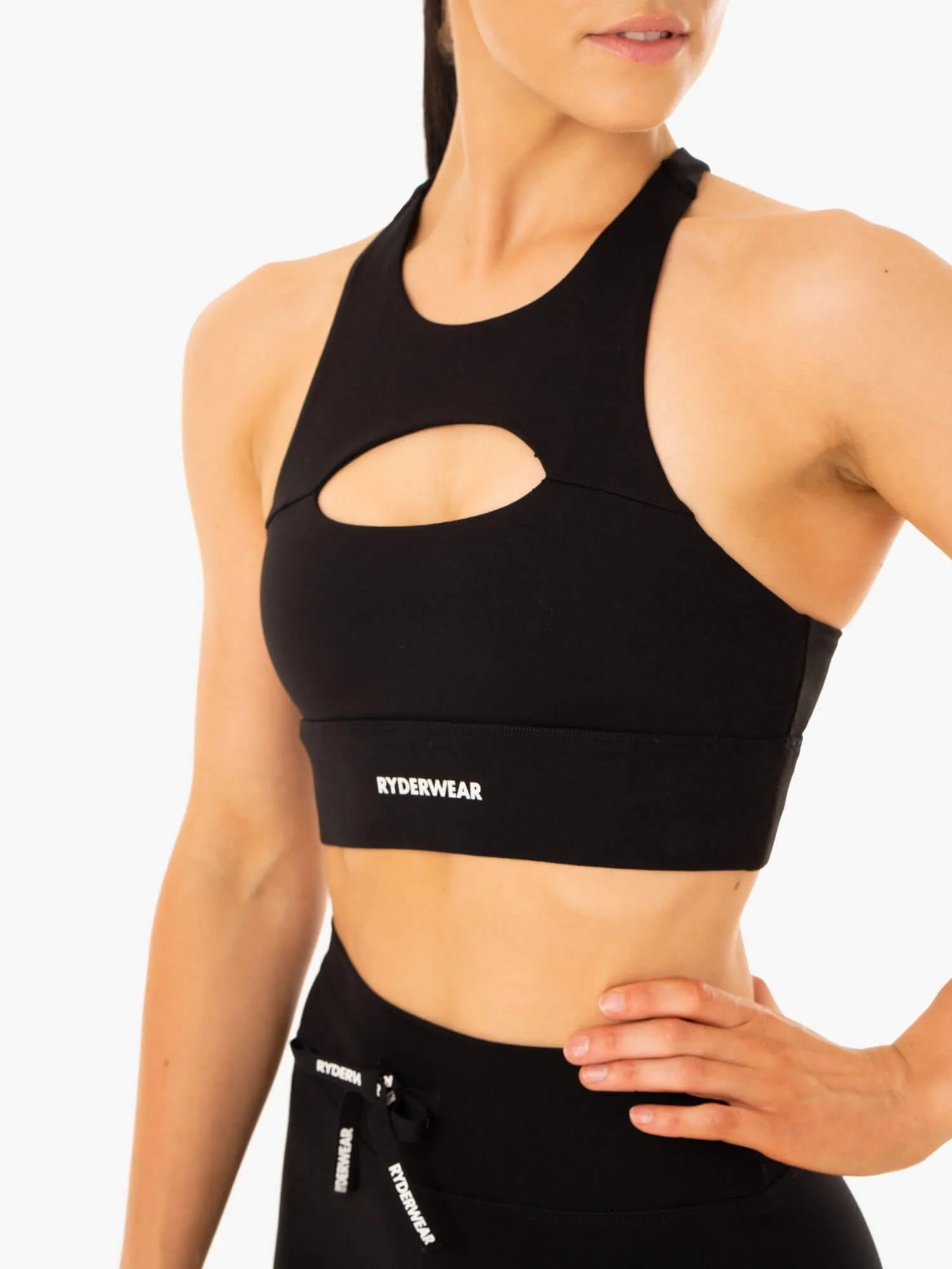 Tall size seams Mock neck seams Replay Cut Out Sports Bra - Black