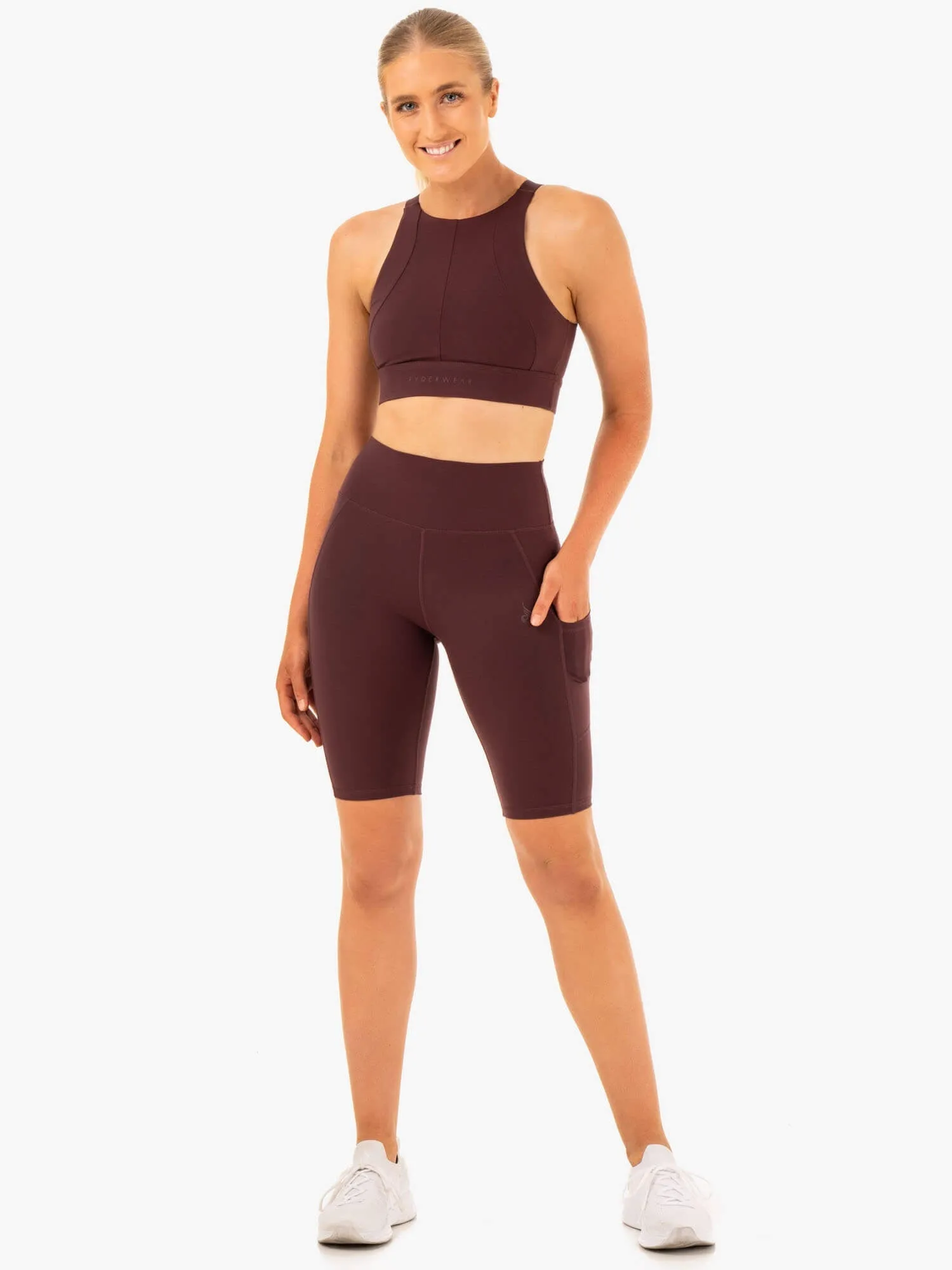 Reset High Waisted Pocket Bike Shorts - Chocolate Travel Ready