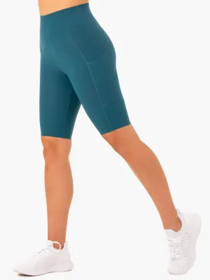 Non Binding Waistline Reset High Waisted Pocket Bike Shorts - Teal