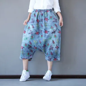 Retro Printed Loose Denim Pants Flexible Use