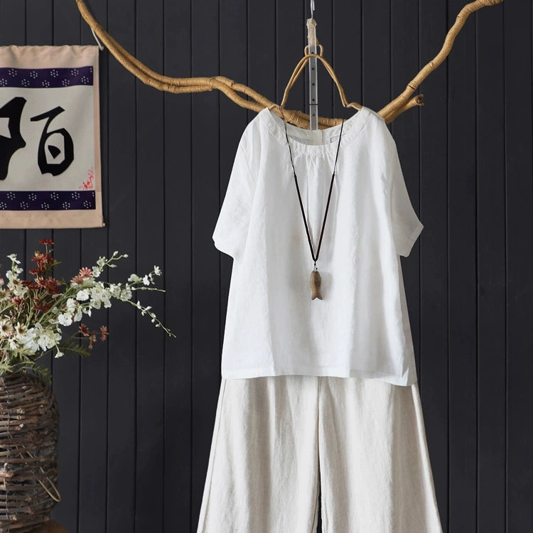 V neck elegance soft look Retro Summer Linen Round Neck Loose Solid Color T-Shirt