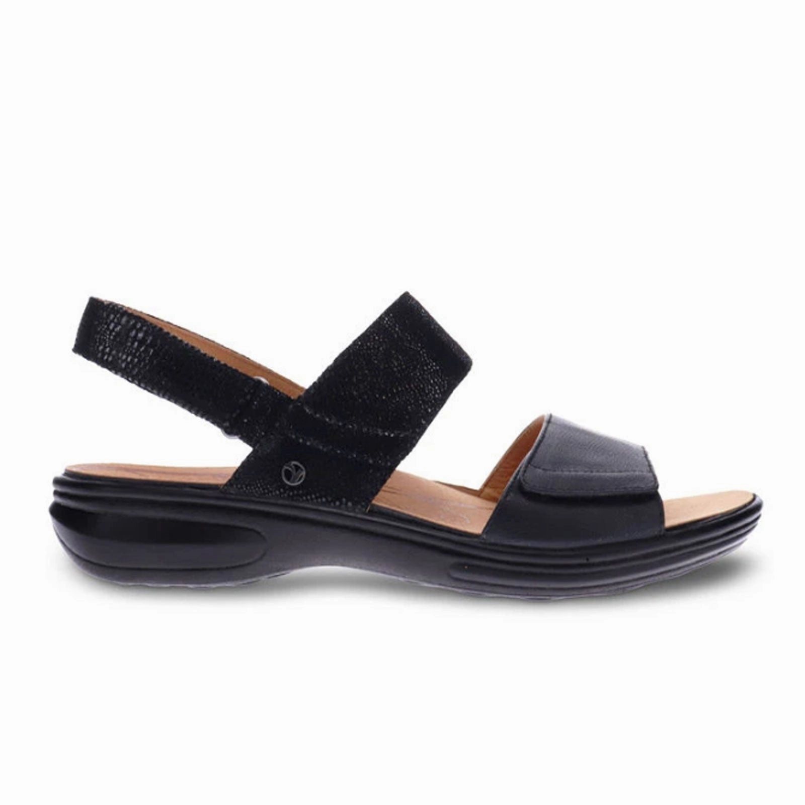 Non Irritating Seam Finish Impact Diffusing Structure Revere Como Backstrap Sandal (Women) - Black/Black Lizard