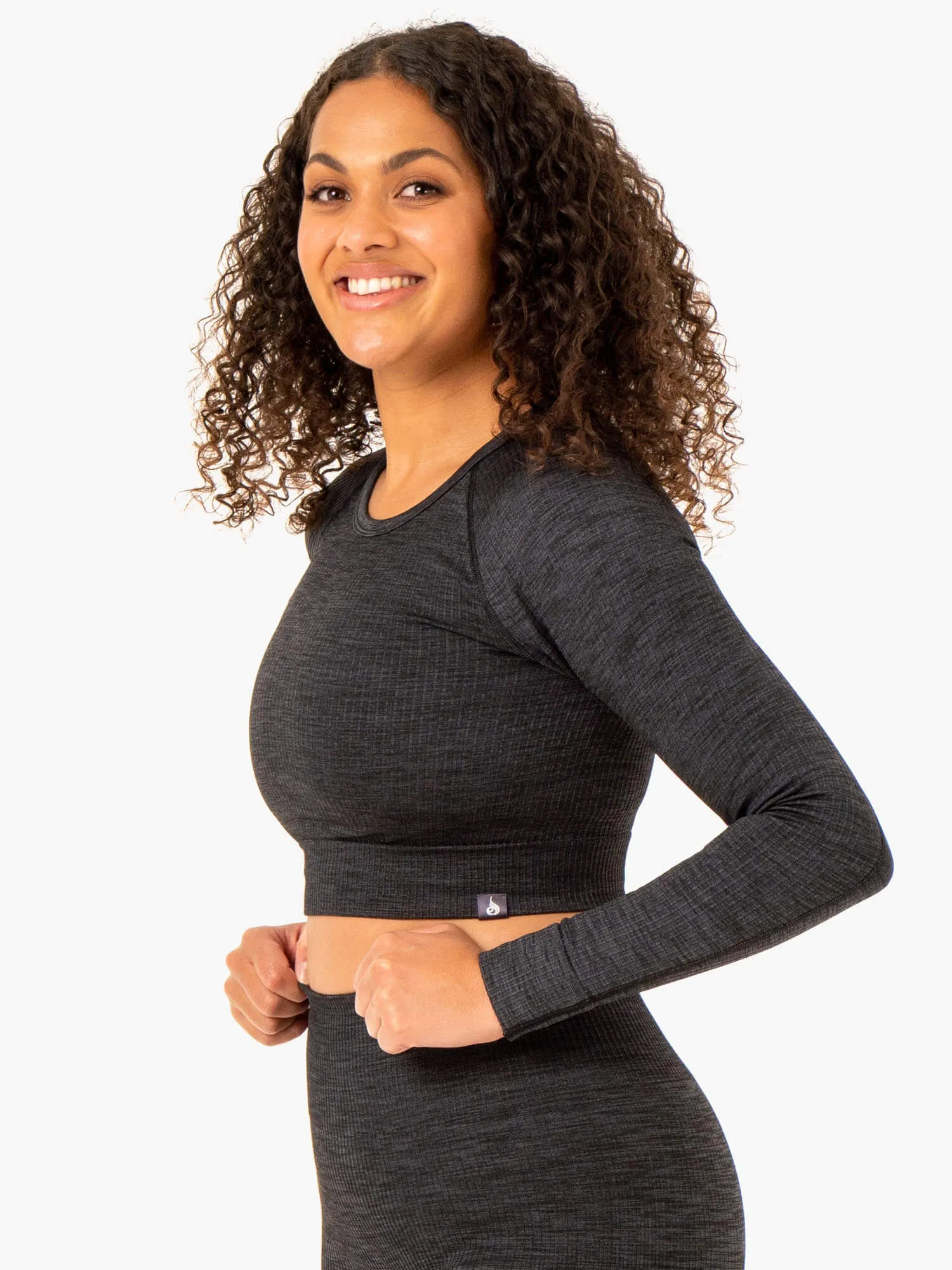 Rib Seamless Long Sleeve Top - Black Marl FrictionFreeNeckline