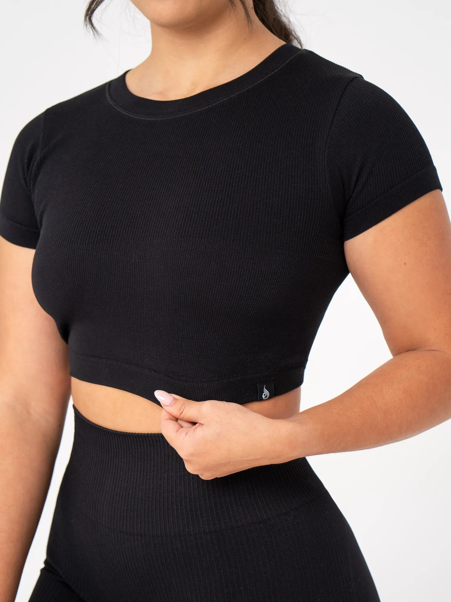 Rib Seamless T-Shirt - Black NoSideSeams Fit Flex